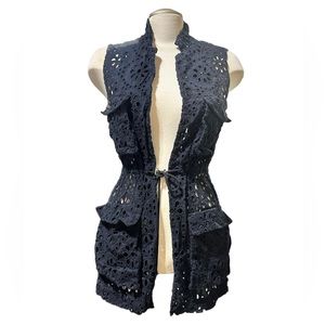Zara Women Navy Blue Eyelet Cutout Military Sleeveless Jacket Vest Sz Small